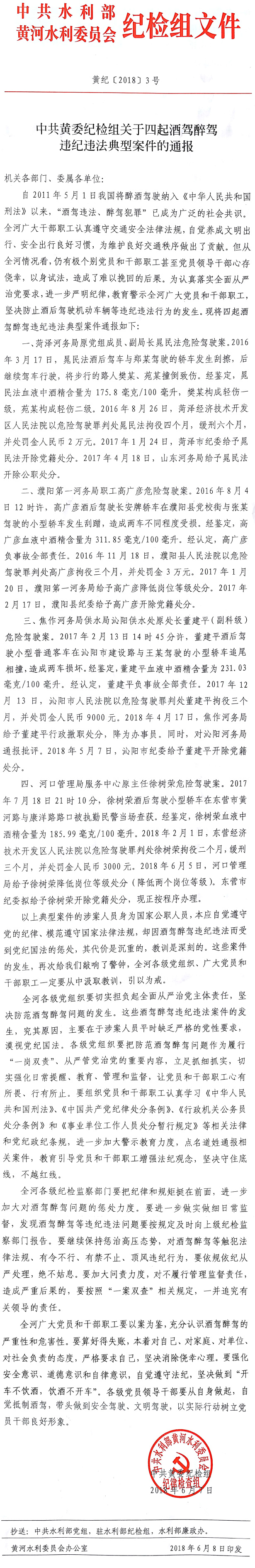 中共黄委纪检组关于四起酒驾醉驾违纪违法典型案件的通报